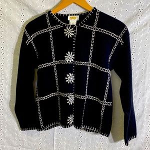 Talbots Petites - Black & White Embroidered Cardigan with Flowers -Small/Petite
